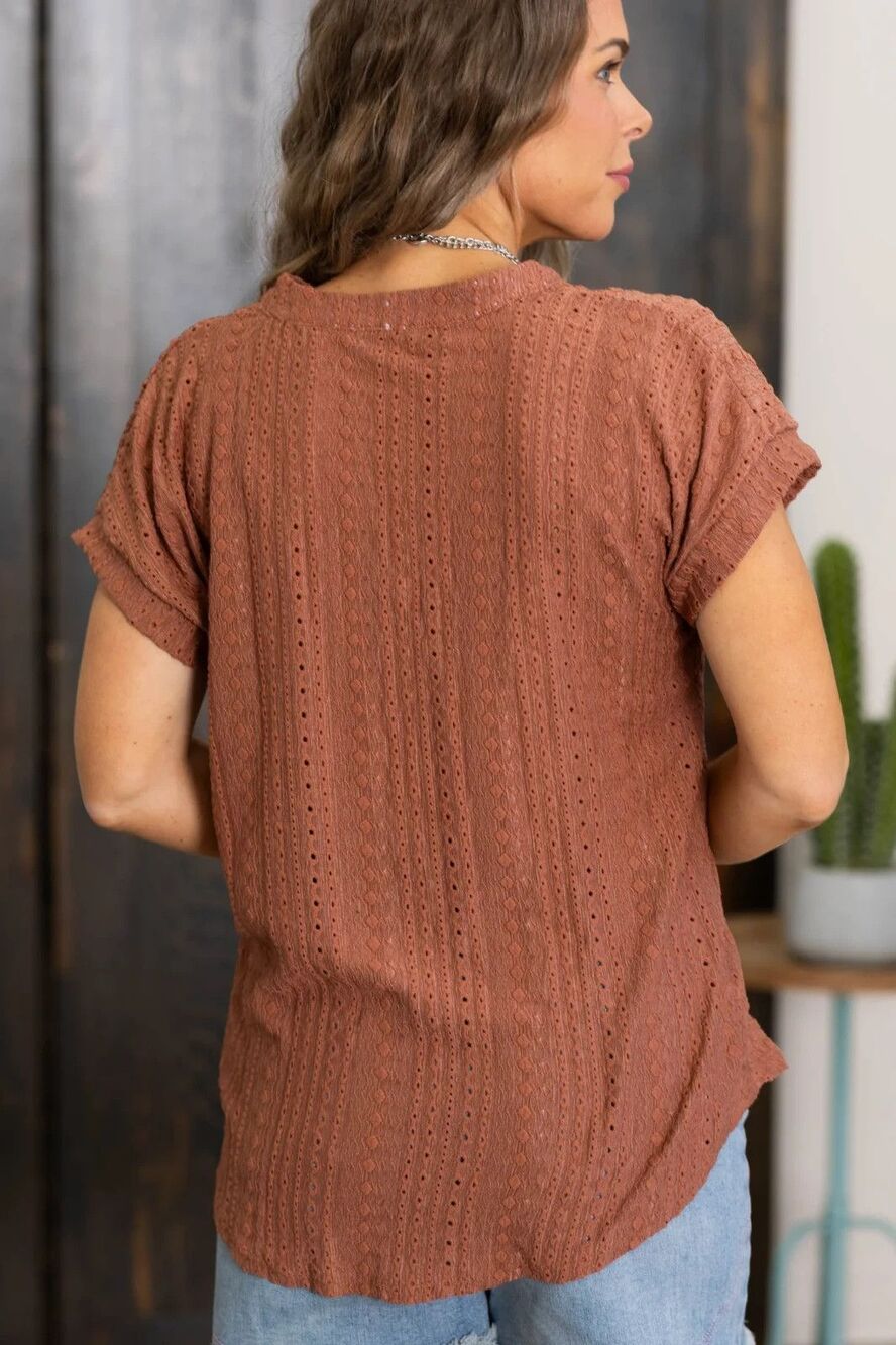 Brown Dot Pointelle Detail Short Sleeve Top - Picture 2 of 4